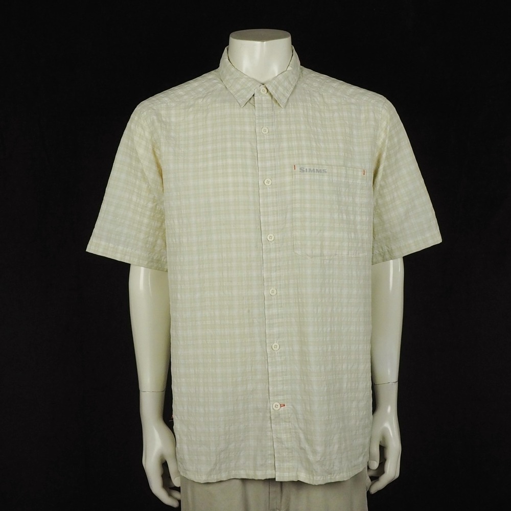 Simms Fishing Gear Button Down Shirt Mens XL Khaki Beige Plaid Nylon Blend Tech